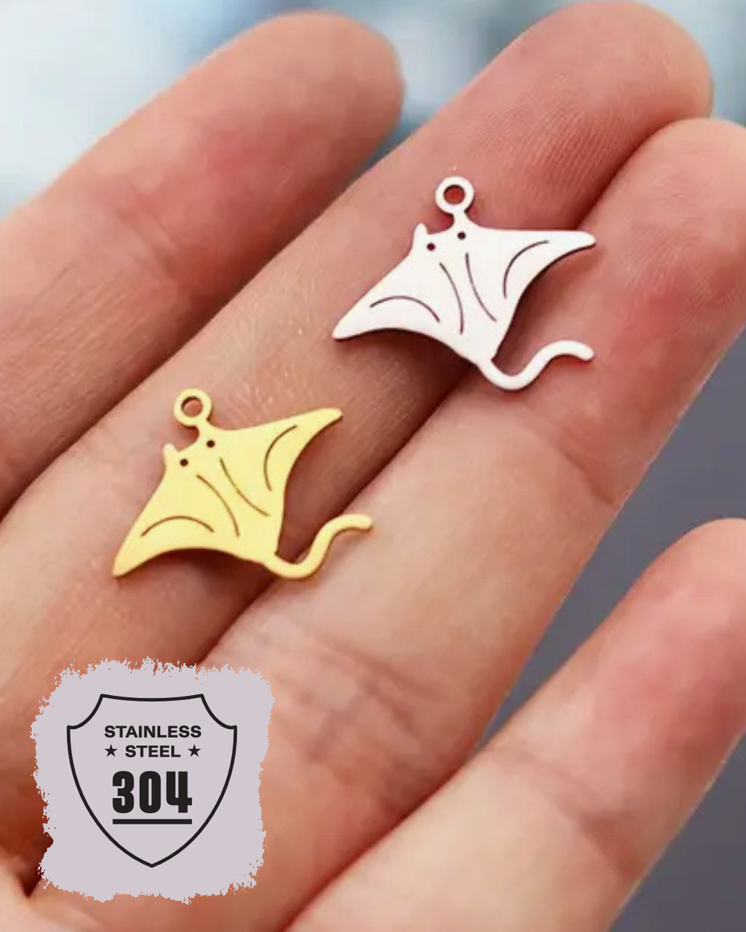 EDELSTAHL- Rochen- Charm Silber + Gold