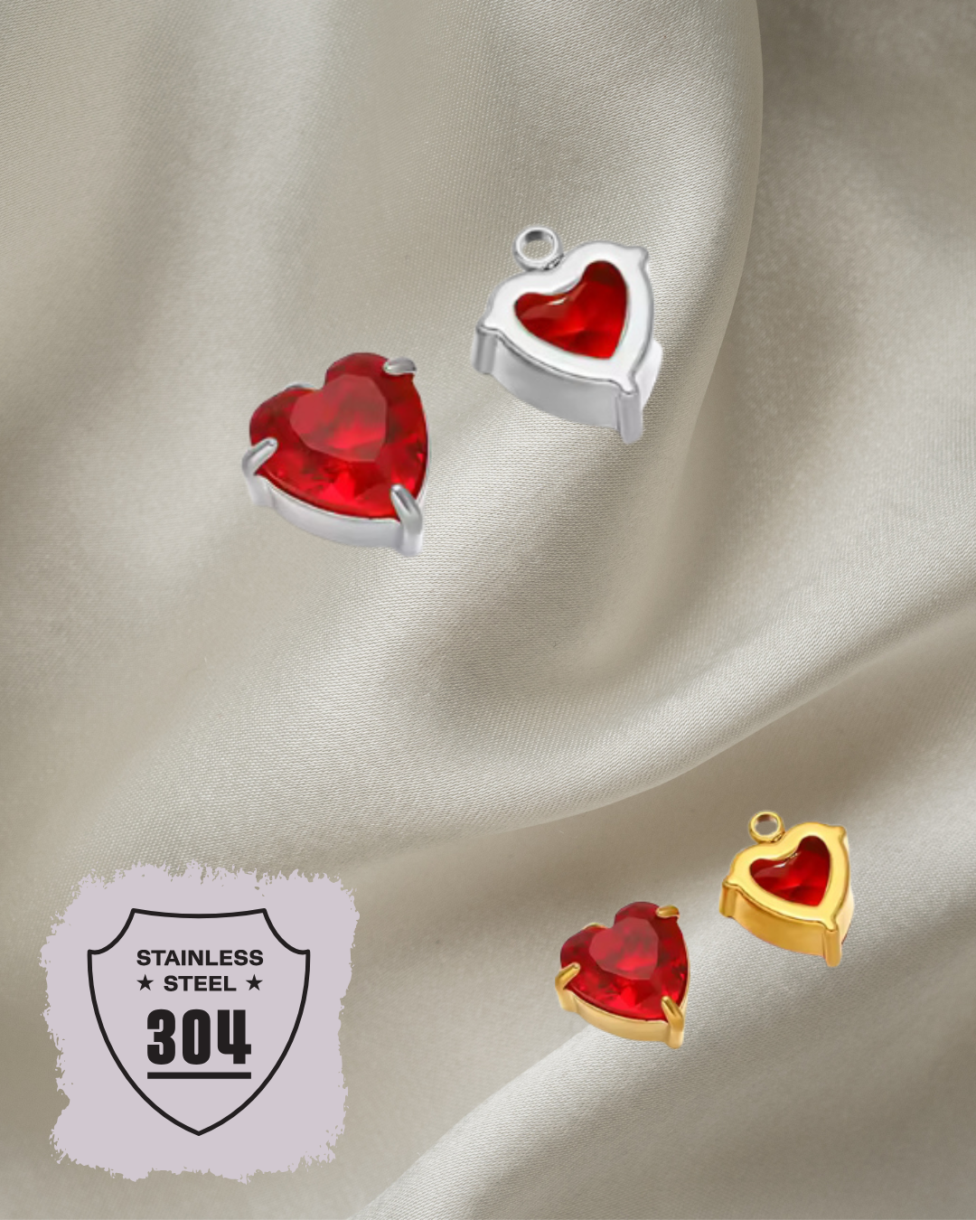EDELSTAHL- Kristallherz rot - Charm Silber + Gold