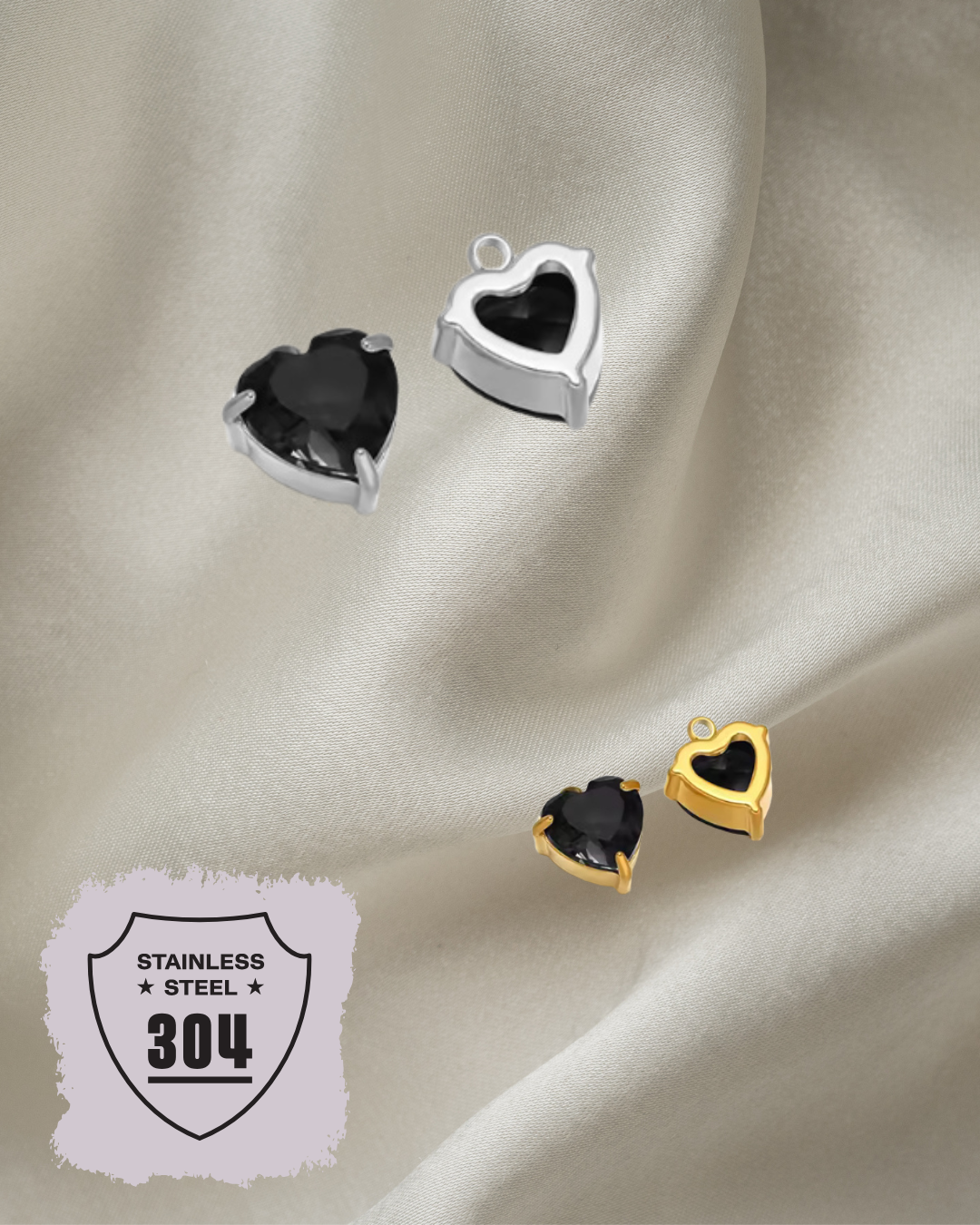 EDELSTAHL- Kristallherz schwarz - Charm Silber + Gold