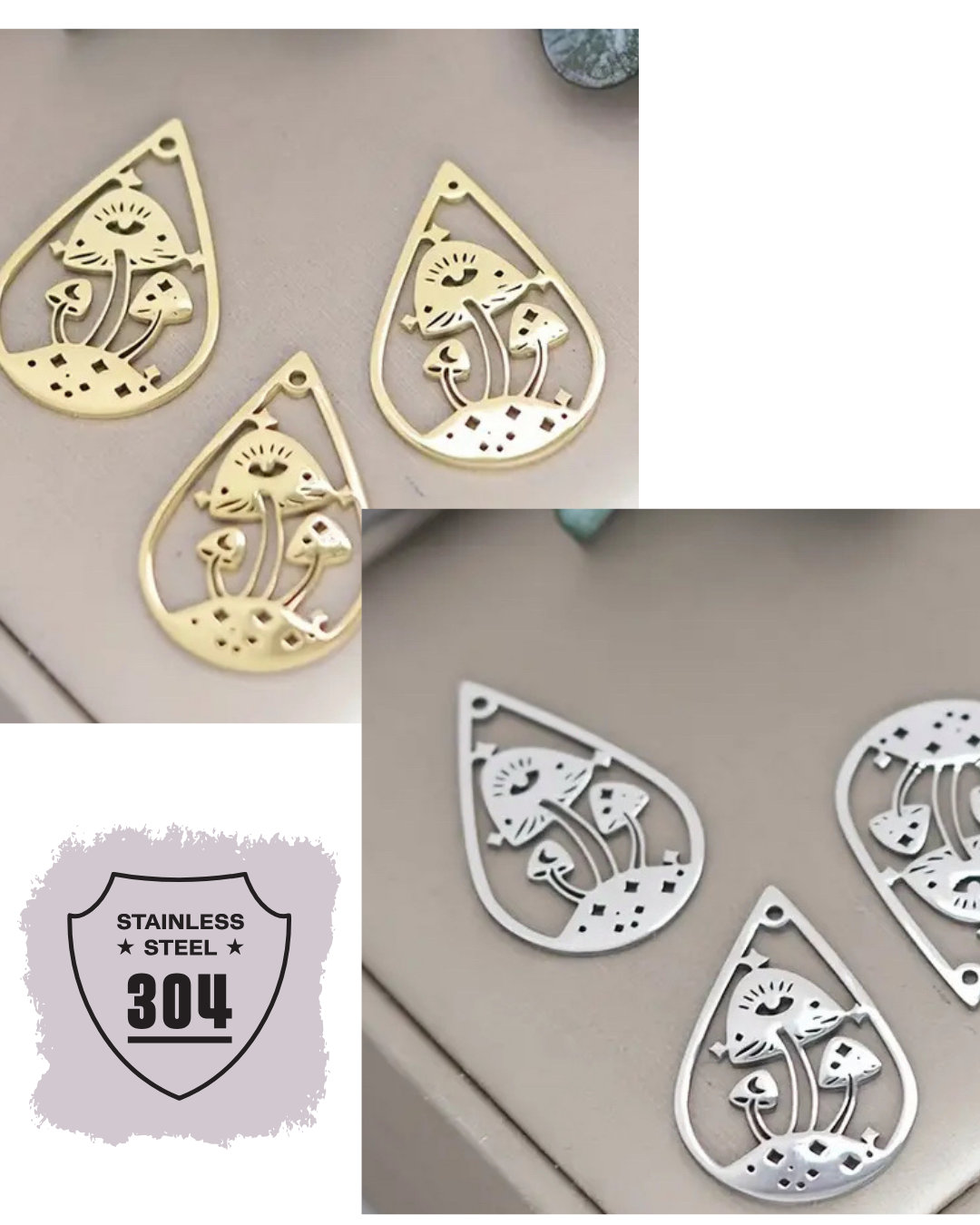 EDELSTAHL- Pilztropfen- Charm Silber + Gold
