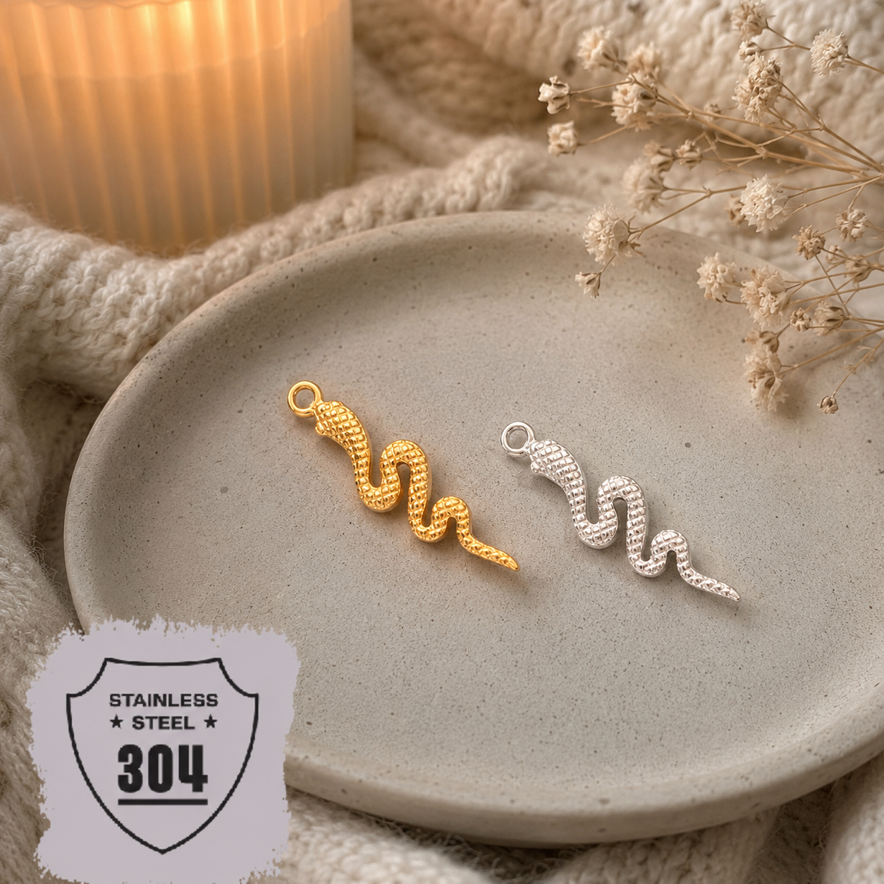 EDELSTAHL- Schlange groß - Charm Silber + Gold
