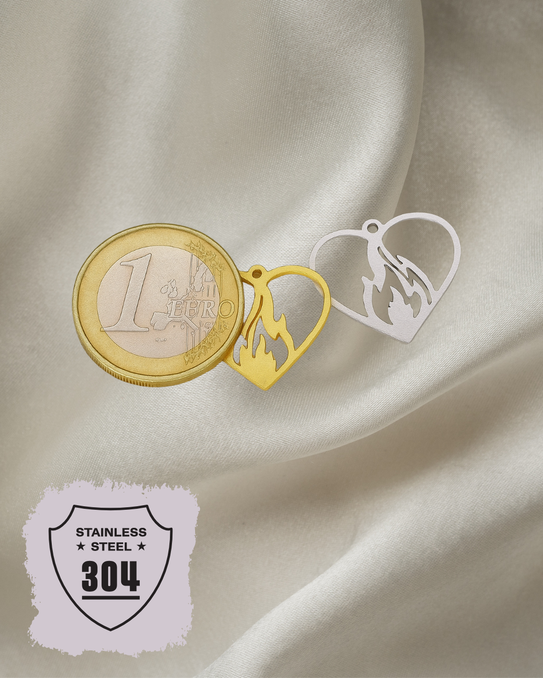EDELSTAHL- Feuerherz - Charm Silber + Gold
