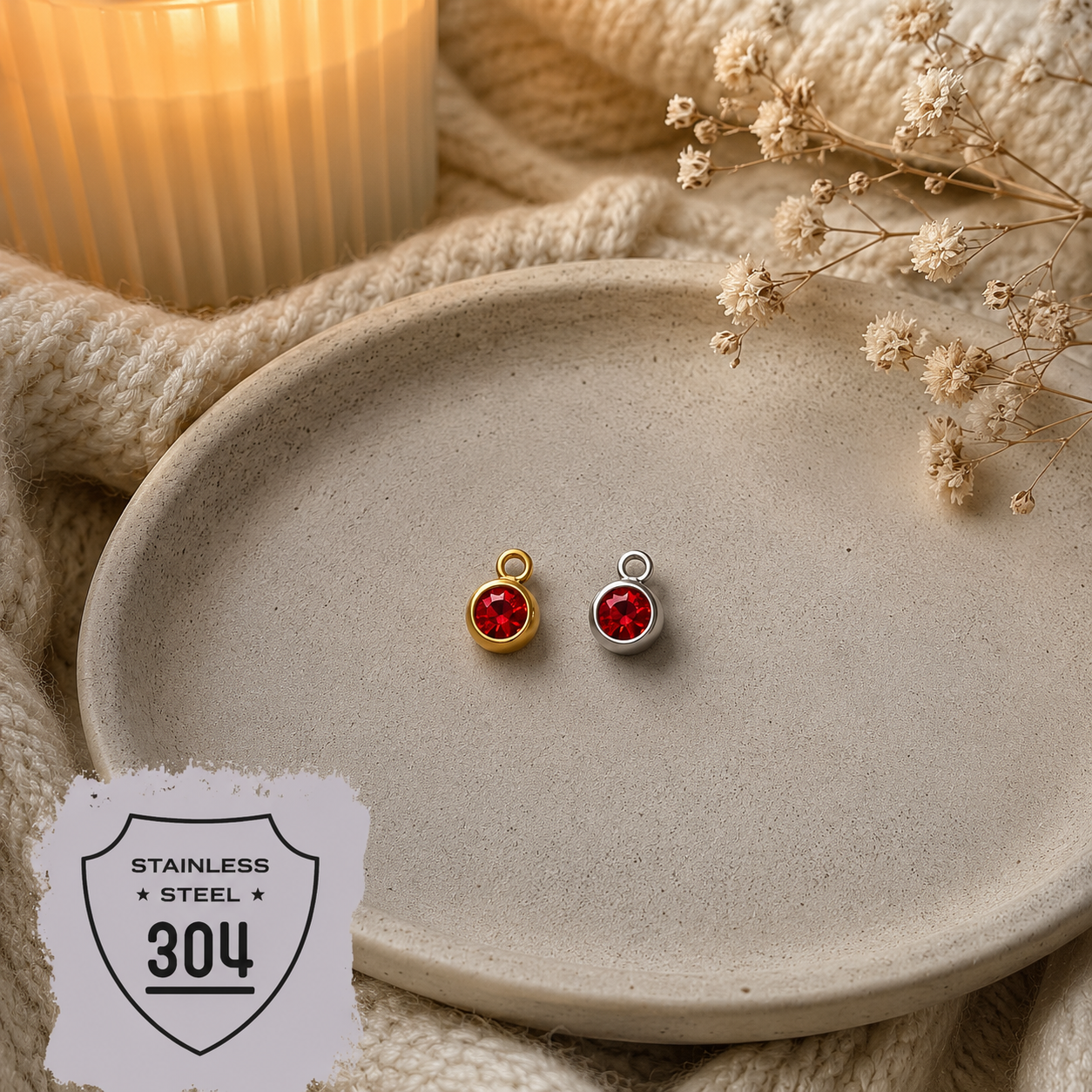 EDELSTAHL- roter Stein - Charm Silber + Gold