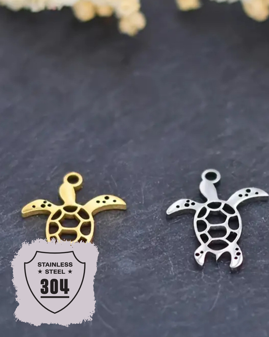 EDELSTAHL- Schildkröte - Charm Silber + Gold