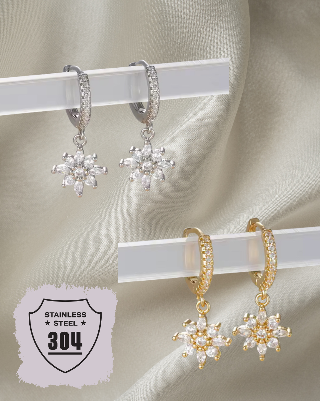 EDELSTAHL- Ohrringe „Snow Flower“ Silber + Gold