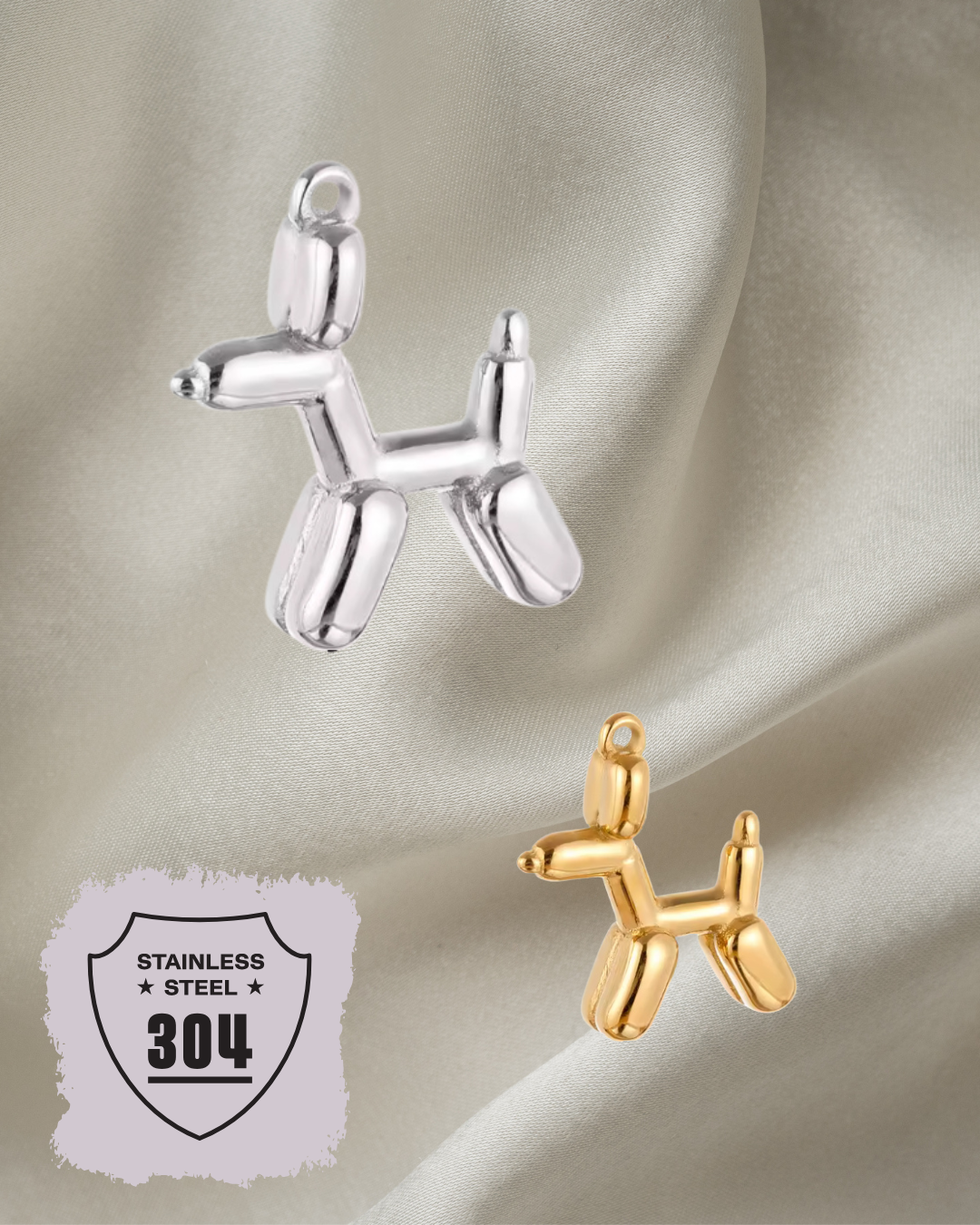 EDELSTAHL- Luftballon Hund- Charm Silber + Gold