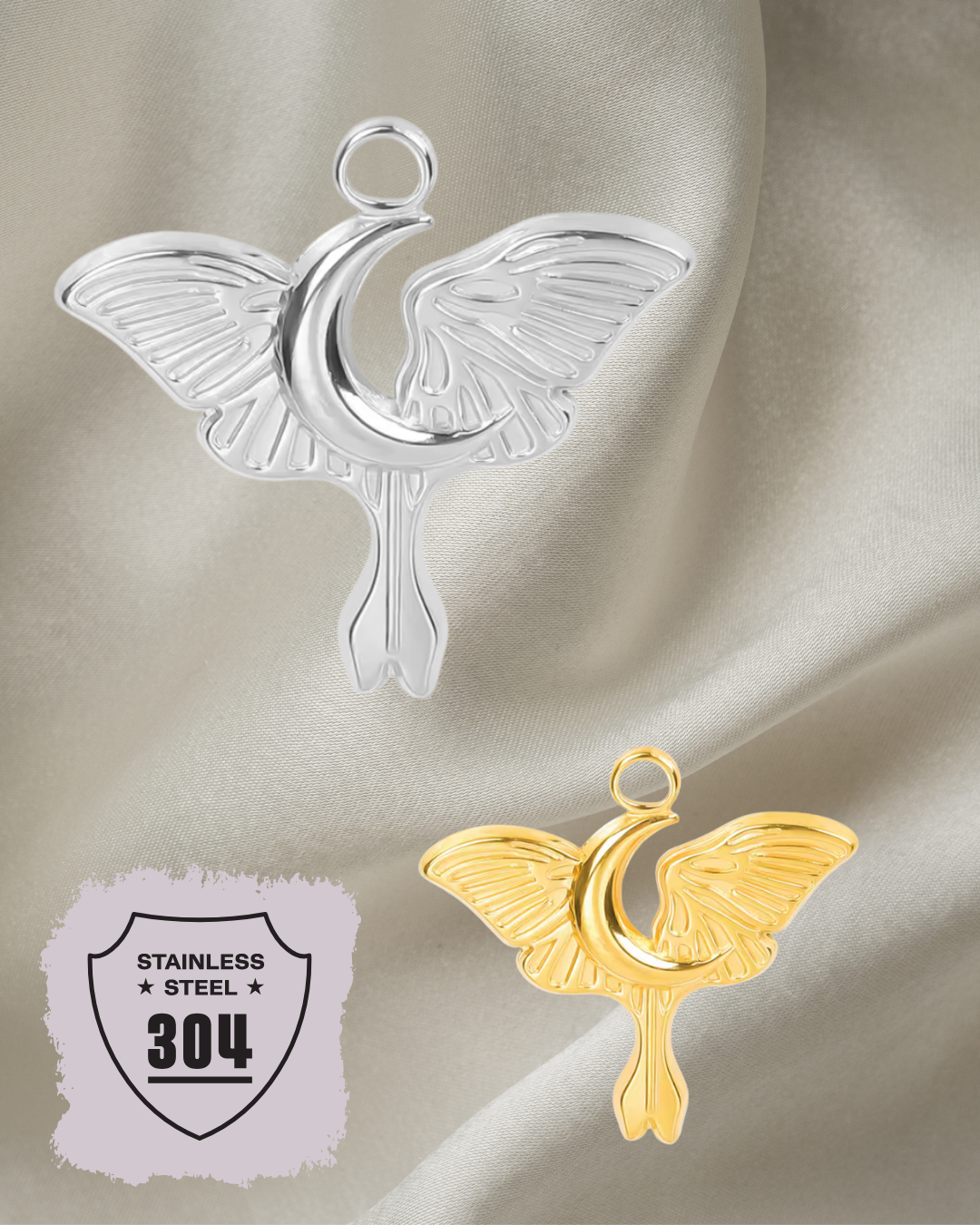 EDELSTAHL- Mondmotte - Charm Silber + Gold