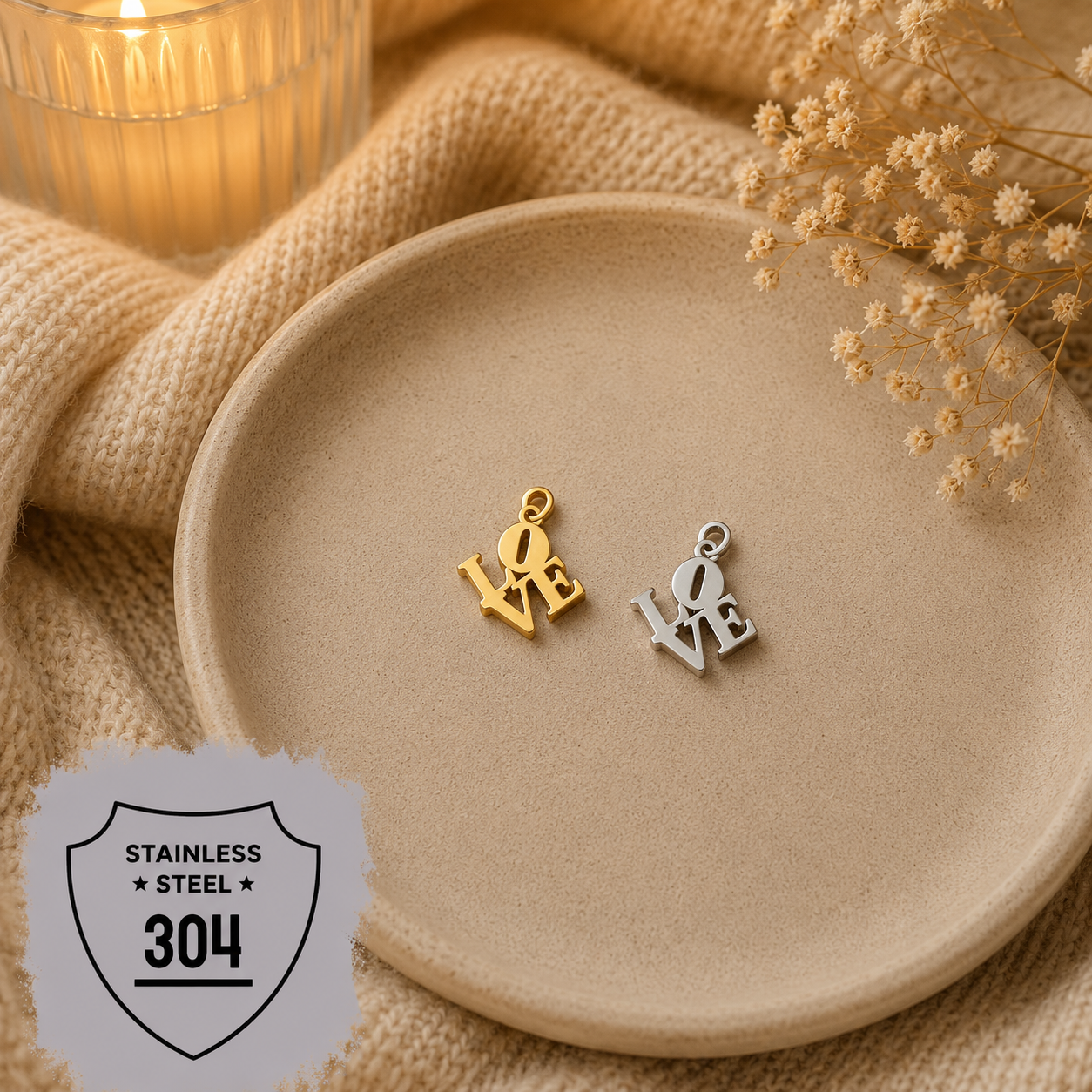 EDELSTAHL- LOVE - Charm Silber + Gold