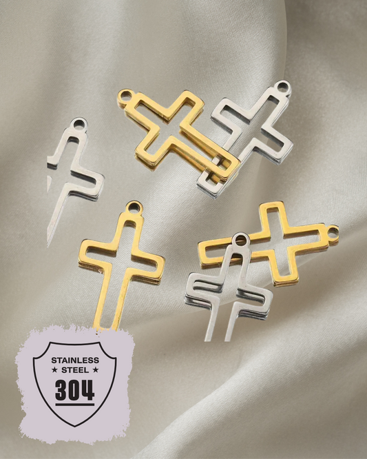 EDELSTAHL- Kreuz- Charm Silber + Gold