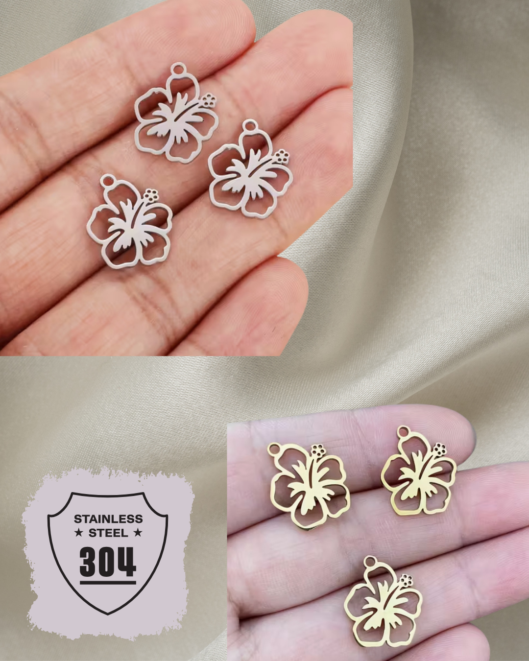 EDELSTAHL- Hibiskus Blume - Charm Silber + Gold