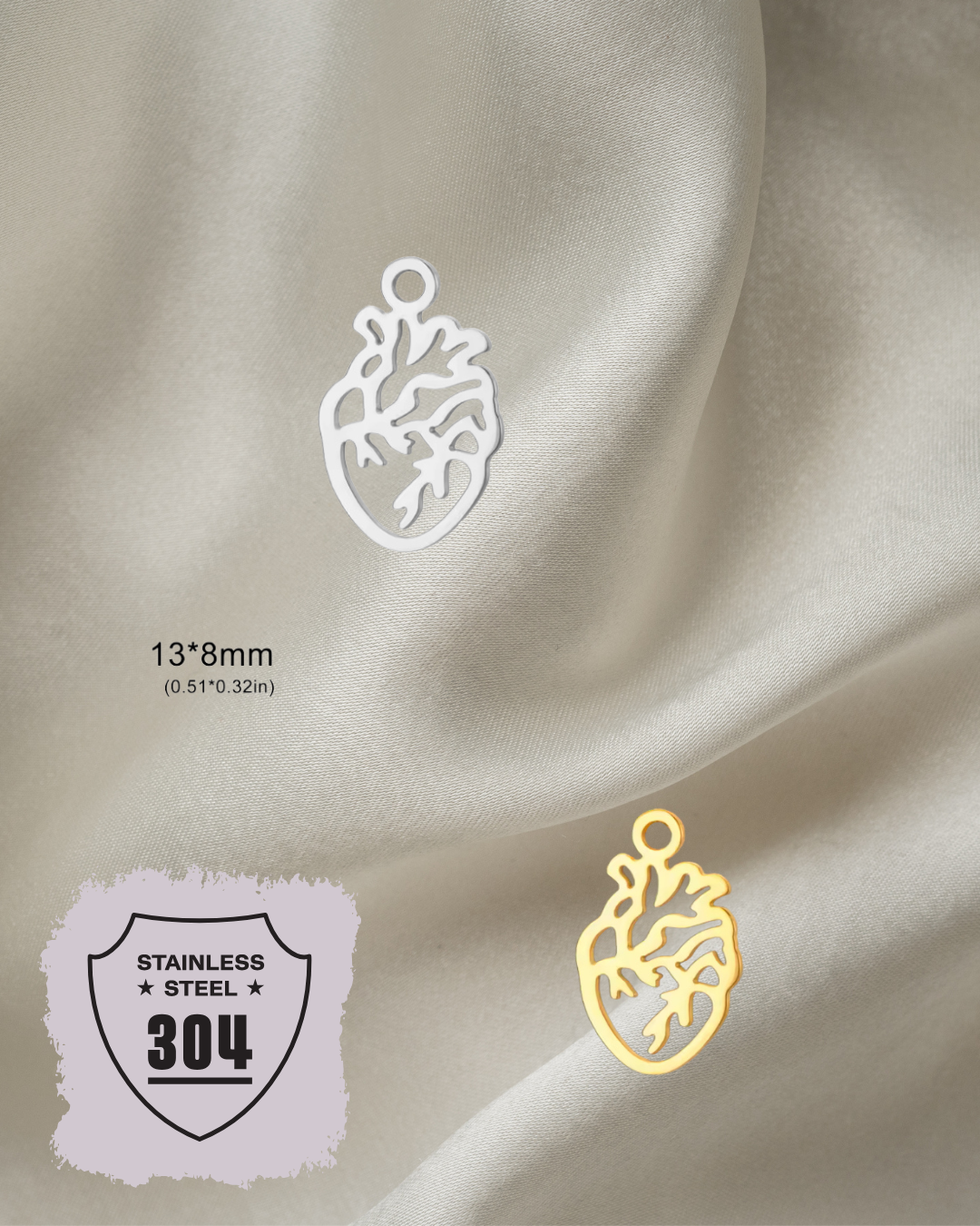 EDELSTAHL- Anatomisches Herz- Charm Silber + Gold