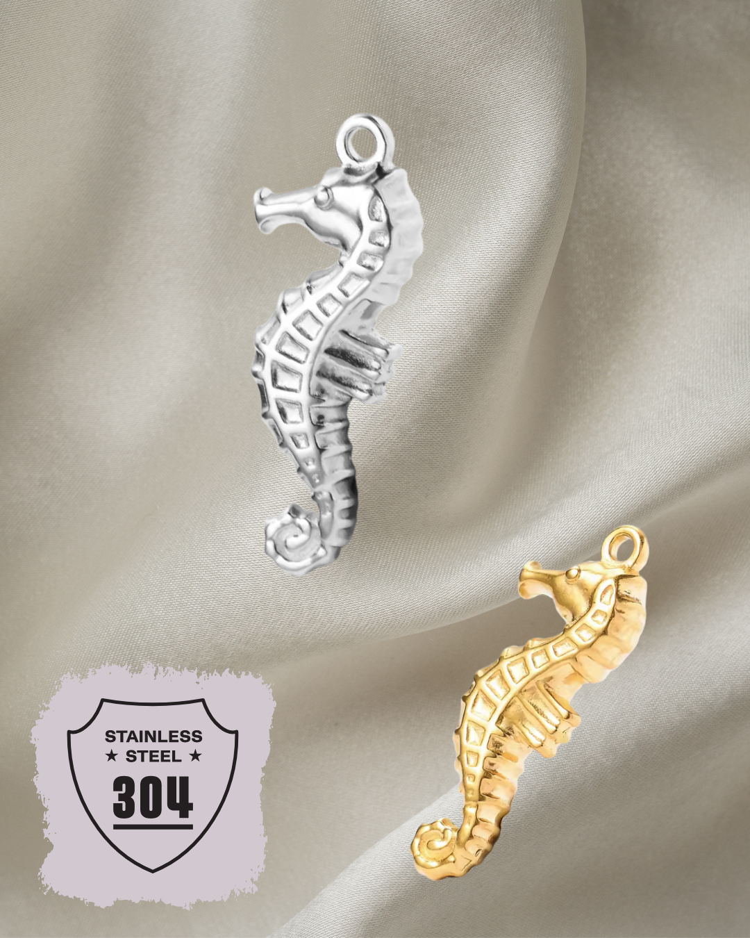 EDELSTAHL- Seepferdchen - Charm Silber + Gold