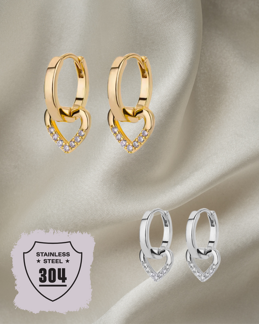 EDELSTAHL- Ohrringe „Sparkling Heart“ Silber + Gold