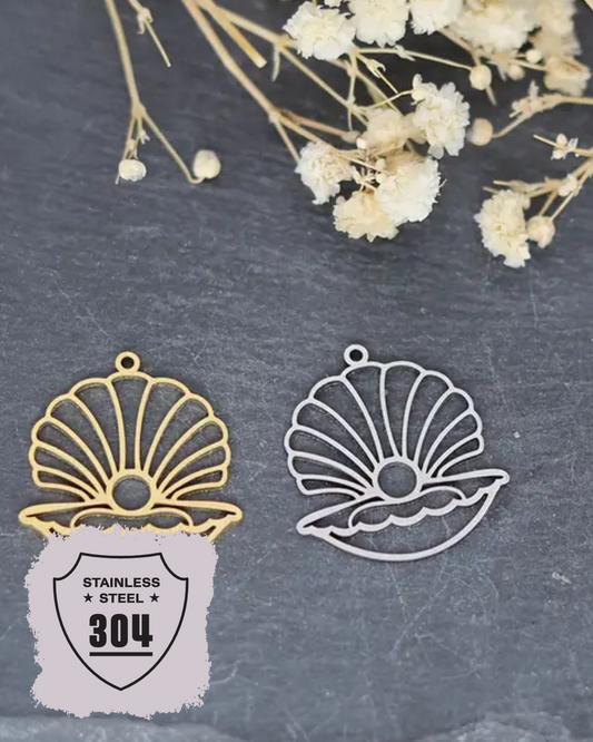 EDELSTAHL- Offene Perlenmuschel- Charm Silber + Gold