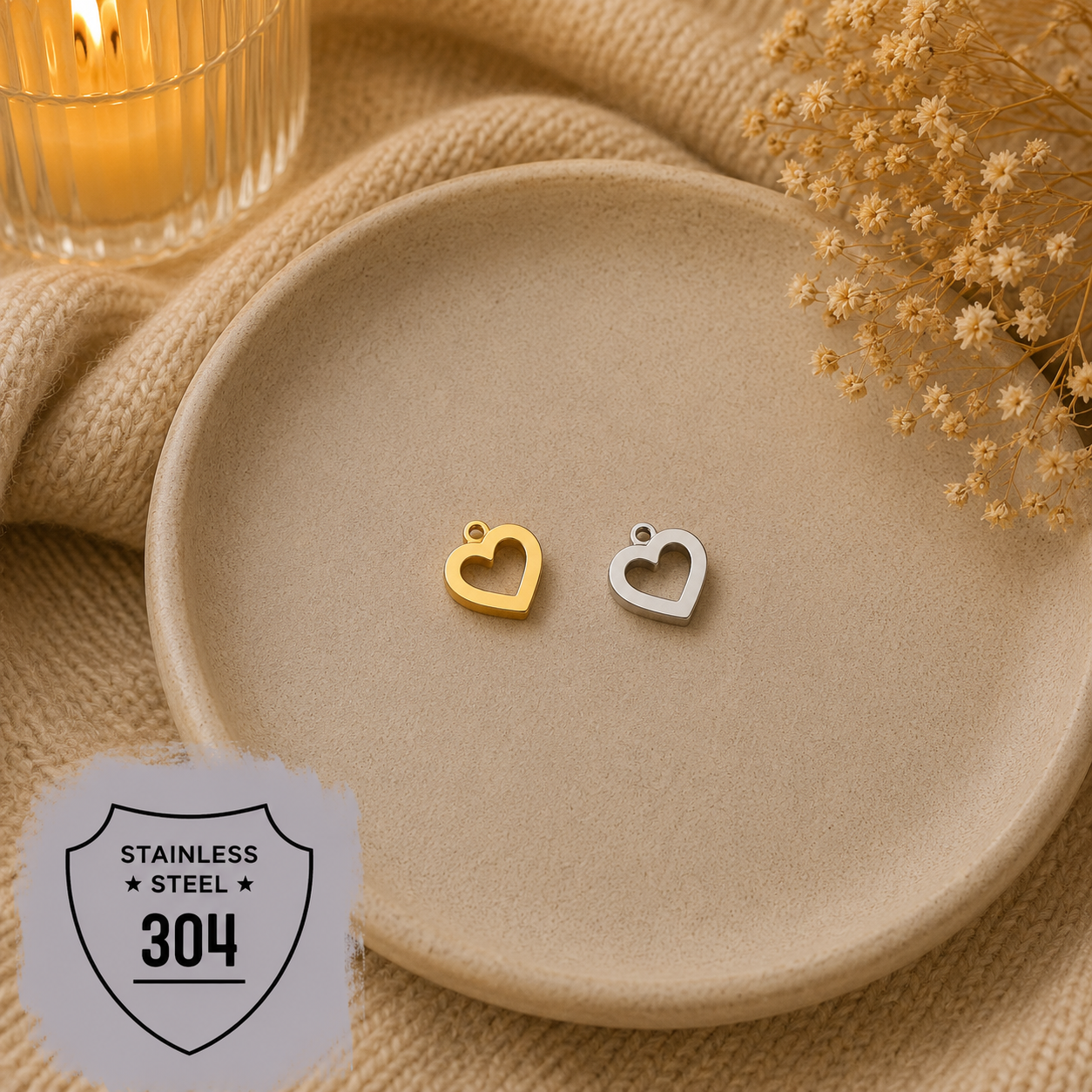 EDELSTAHL- Herz Mini - Charm Silber + Gold