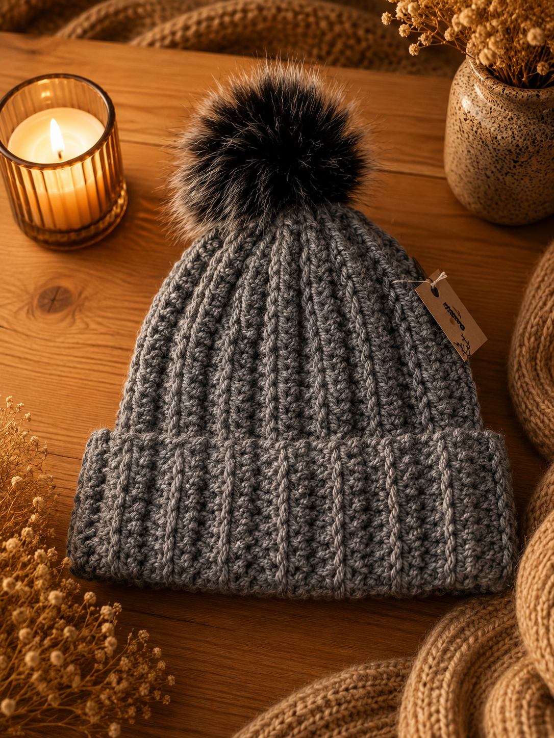 Beanie Anthrazit mit abnehmbaren Bommel
