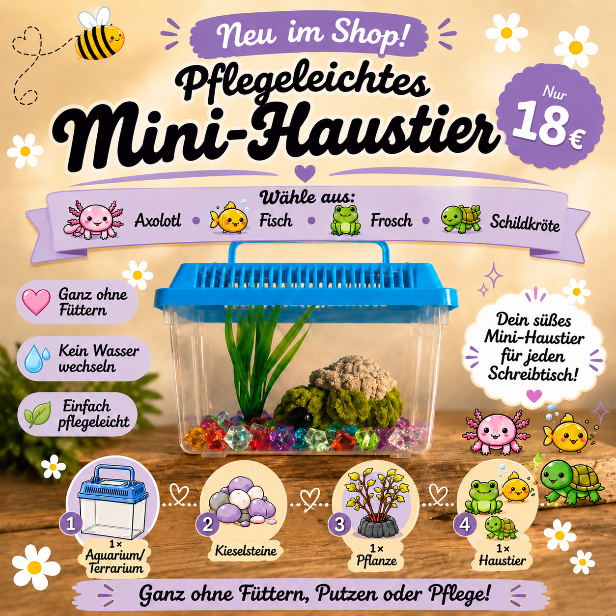 Pflegeleichtes Mini-Haustier 🐸🐢🐟🩷